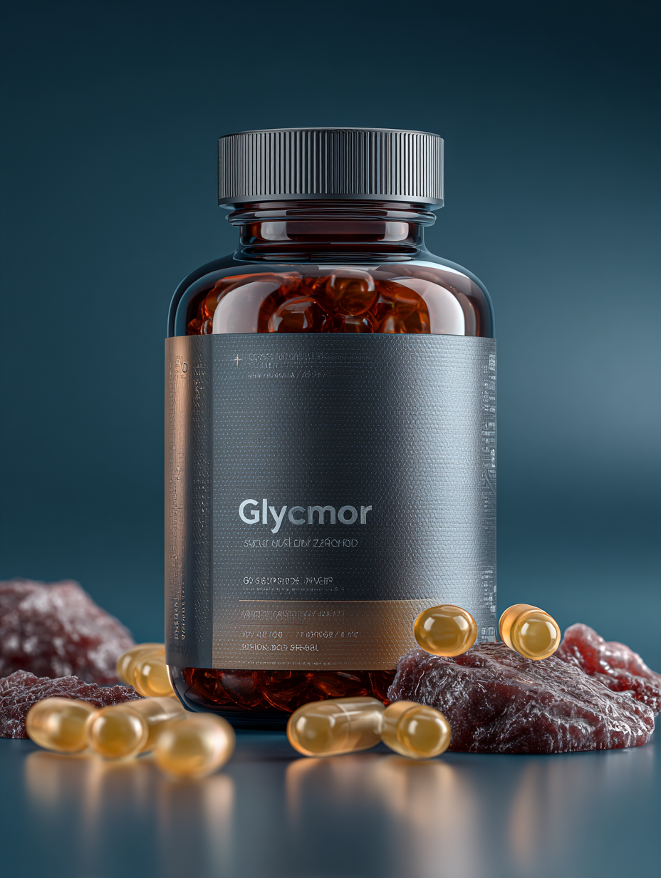 Glycmor প্যাকেজ - প্রাকৃতিক ডায়াবেটিস সাপোর্ট সাপ্লিমেন্ট, নিউট্রাল ব্যাকগ্রাউন্ডে পণ্যের প্যাকেজিং